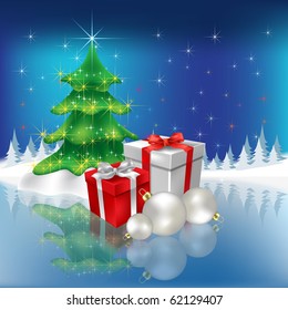 christmas tree with gifts and balls