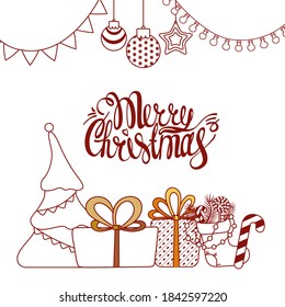 Christmas tree. Gifts. Christmas balls. Garlands. Candies. New year's illustration. Vector. White background. Lettering