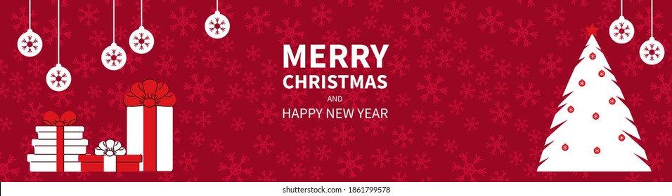 Christmas tree with gifts, balls on a red background with snowflakes. Congratulatory text. Horizontal Christmas banner, headers, sites. Flat modern design. Vector illustration