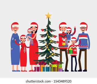 Christmas tree with gifts and Big happy family. Vector illustration in cartoon style