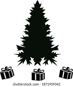 Christmas tree with gifts. Black silhouette on a white background. Vector image for creating illustrations for the New year.