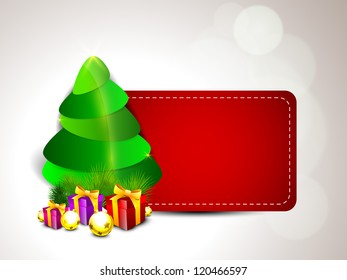 Christmas tree with gifts and blank space for your message.  Greeting card, gift card or invitation card for Merry Christmas. EPS 10.