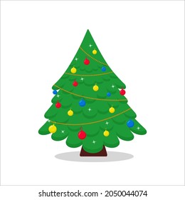 Christmas tree with gifts box. decoration balls and lamps. Merry Christmas and a happy new year.flat style vector illustration.