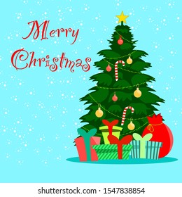 Christmas tree with gifts box on blue snow background. decoration balls and lamps. Merry Christmas and a happy new year.flat style vector illustration.