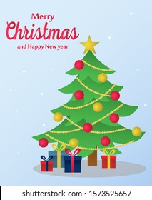 Christmas tree and gifts box blue snow background  decoration balls   
garland  Merry Christmas   happy new year greeting card  flat vector illustration and gradient 