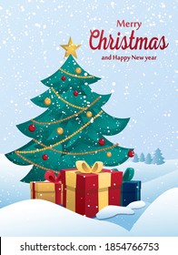 Christmas tree with gifts box on blue snow background. decoration balls and lights
garland. Merry Christmas and happy new year greeting card. winter landscape.  flat vector illustration with gradient.