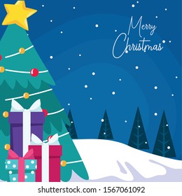 christmas tree with gifts boxes over snowy night background, colorful design , vector illustration