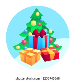 Christmas tree with gifts. Bright Christmas tree decorated with colored balls. A stack of gifts under the tree.