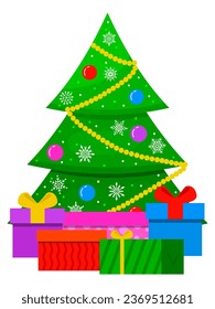 Christmas tree with gifts. The Christmas tree is brightly decorated with gift boxes. New Year and Christmas. Vector illustration on isolated background.