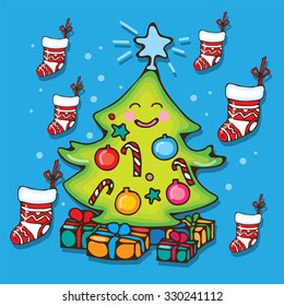 Christmas tree with gifts, candys, socks and stars on blue backgroun.