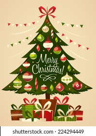 Christmas tree with gifts. Christmas card.