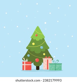 Christmas tree and gifts. Christmas card