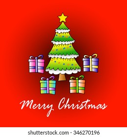 Christmas tree with gifts. Christmas card.