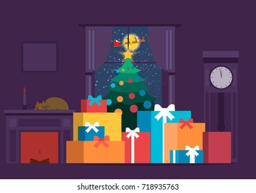 Christmas tree with gifts.  card. Room with a tree with gifts,  and a clock. Night before Christmas