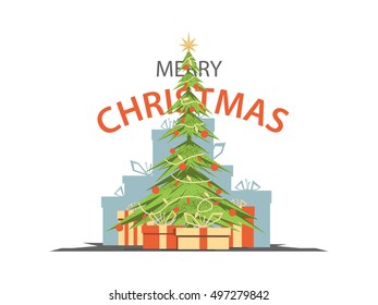 Christmas tree with gifts. Cartoon style vector illustration.