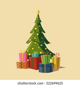 Christmas tree with gifts. Cartoon vector illustration. Star, decoration balls and light bulb chain. Isolated background. Happy New Year, Merry christmas