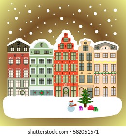 Christmas tree with gifts. Cartoon Vector illustration. Vintage style. Greeting card. Happy New Year. Bright boxes.
