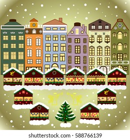 Christmas tree with gifts. Cartoon Vector illustration. Happy New Year. Bright boxes. Vintage style. Greeting card.