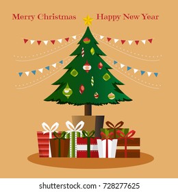 Christmas tree with gifts. Cartoon vector illustration.