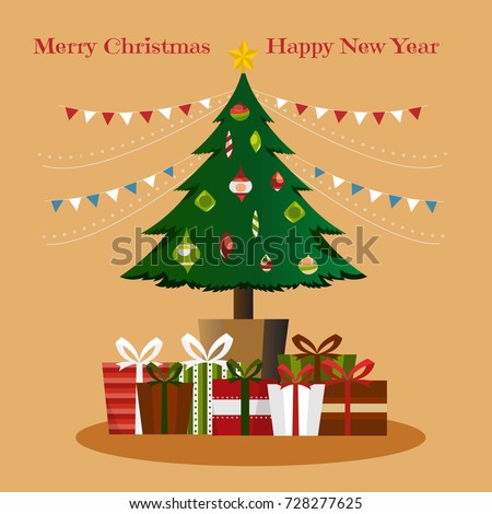 Christmas tree with gifts. Cartoon vector illustration.