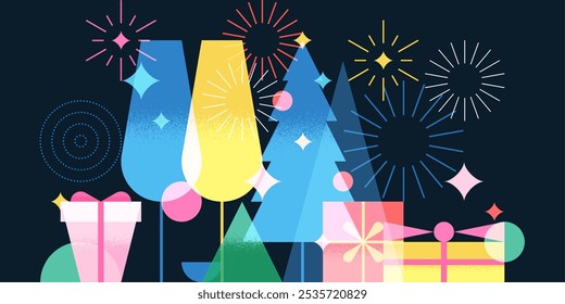 Árbol de Navidad, regalos y champán, ilustración plana geométrica de Vector. Feliz Anuncio de fiesta de noche de Año Nuevo, cartel con cócteles y fuegos artificiales. Elementos de diseño de tarjeta de felicitación de Festiva