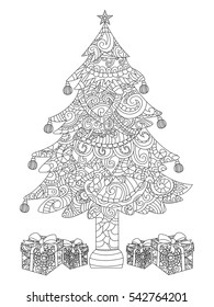 Christmas tree with gifts coloring book vector illustration. Anti-stress coloring for adult. Zentangle style. Black and white lines. Lace pattern