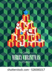 Christmas tree with gifts concept, Isometric Cubes style on red background, vector