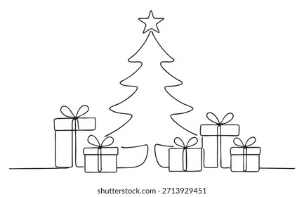 Christmas tree with gifts, continuous one line drawing. Minimalist black outline of christmas tree with gifts and star on top, isolated on white background. holiday decor, simple design, celebration.