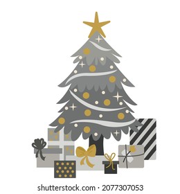Christmas tree with gifts. Cute Christmas vector illustration. In minimalist style. Ideal for postcards, prints, invitations, posters.