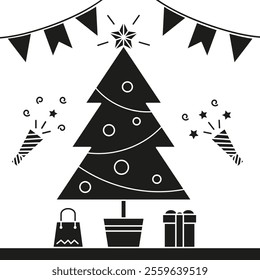 Christmas tree with gifts. Dark simple background with a gift under the tree. EPS 10.