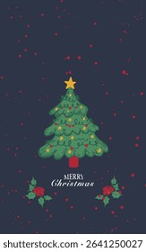 Christmas tree with gifts and decorated with balls and a garland. Lettering Merry Christmas on dark blue background, used for textile glove, and kitchen towel.