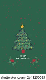 Christmas tree with gifts and decorated with balls and a garland. Lettering Merry Christmas on green background, used for textile glove, and kitchen towel.