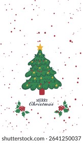 Christmas tree with gifts and decorated with balls and a garland. Lettering Merry Christmas on white background, used for textile glove, and kitchen towel.