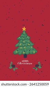 Christmas tree with gifts and decorated with balls and a garland. Lettering Merry Christmas on red background, used for textile glove, and kitchen towel.