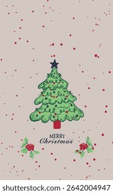Christmas tree with gifts and decorated with balls and a garland. Lettering Merry Christmas on beige background, used for textile glove, and kitchen towel.