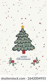 Christmas tree with gifts and decorated with balls and a garland. Lettering Merry Christmas on half white background, used for textile glove, and kitchen towel.