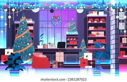 christmas tree and gifts in decorated cabinet new year holiday celebration concept office interior horizontal