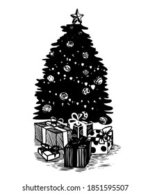 Árbol de Navidad y Regalos. Árbol de Navidad decorado con juguetes y cajas de regalo con arcos. El dibujo se realiza a mano en un estilo retro. Feliz Vector de Navidad Ilustración de fondo negro sobre fondo blanco.