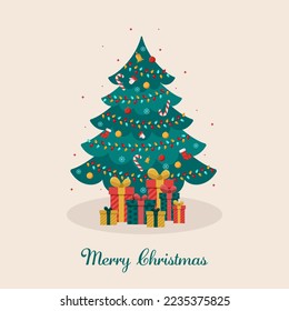 Christmas tree with gifts, decorated with toys and garlands. New Year's design for a postcard. Festive vector illustration.