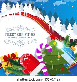 Christmas tree, gifts and decorations against the background of the winter forest. Merry Christmas and new year background