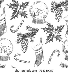 Christmas tree with gifts and decorations. Vector seamless pattern with New Year symbols. Vintage hand drawn fir branch, socks and snow ball isolated on white background. Winter holiday texture.