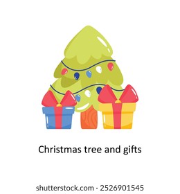 Weihnachtsbaum und Geschenke doodle Vektorkontur Aufkleber. EPS 10-Datei
