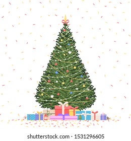 Christmas tree with gifts and festive confetti. Merry Christmas and happy new year. Vector illustration in cartoon style isolated on white background