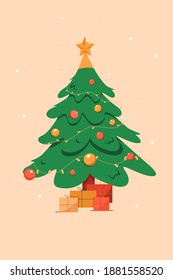 Christmas tree with gifts. Festive tree decorated with balloons. Christmas and New Year concept. Vector graphics in flat cartoon style.
