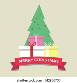 Christmas tree and gifts in flat design style, vector illustration