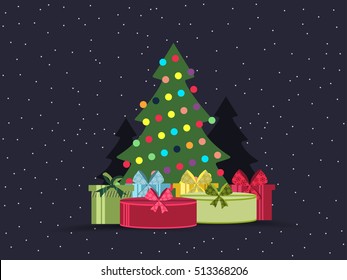 Christmas tree and gifts in flat design style. Vector illustration.
