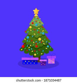 christmas tree with gifts flat. vector illustration