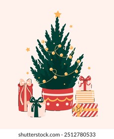 Christmas tree with gifts. Flat vector illustration.