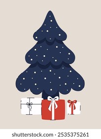 Christmas tree with gifts. Flat vector illustration.