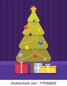 Christmas tree with gifts. Flat vector illustration.
